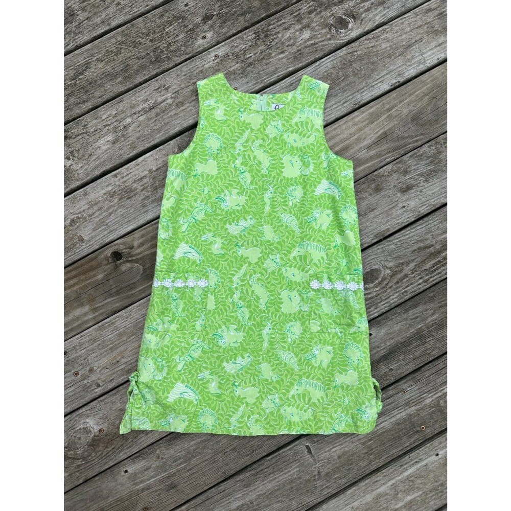 Lilly Pulitzer Girls Vintage Shift Dress Size 14 Green Animal Print Sleeveless